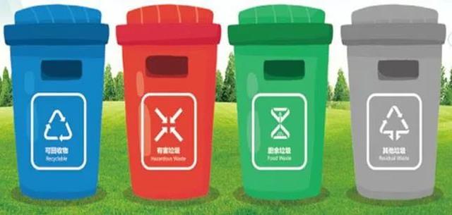 What color are the four kinds of garbage cans? What logo?